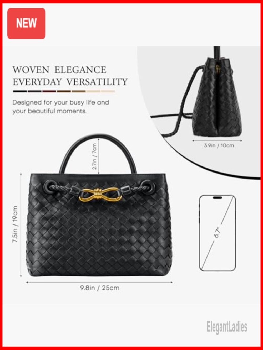 Woven PU Leather Tote Bag with Adjustable Strap, 2 Compartments, Magnetic - Picture 4 of 7